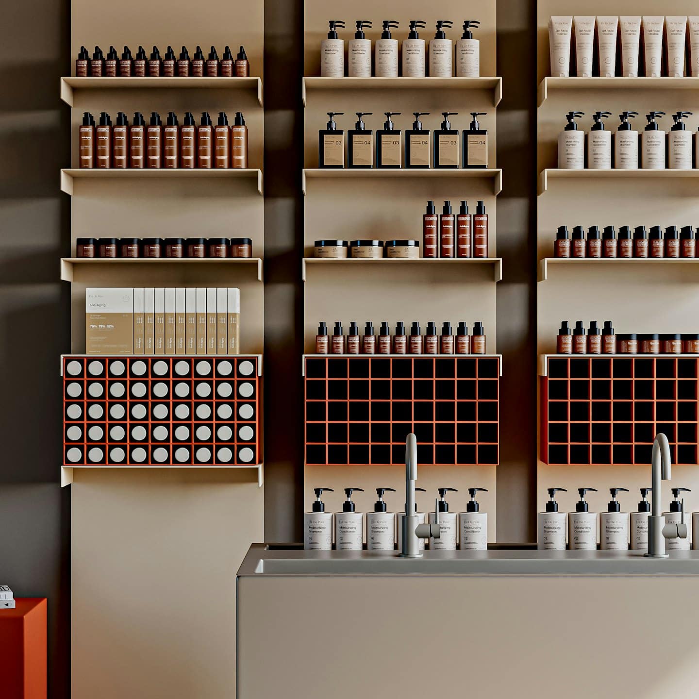 Neatly arranged beauty and skincare products on a modern retail display.