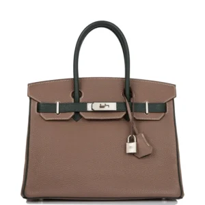 Hermes Special Order (HSS) Birkin 30 Etoupe and Vert Fonce Togo Brushed Palladium Hardware